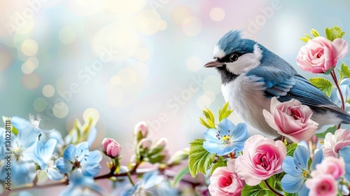  A blue-and-white bird sits on a tree branch, surrounded by pink and blue flowers In the foreground, a bed of blue and pink blossoms blooms