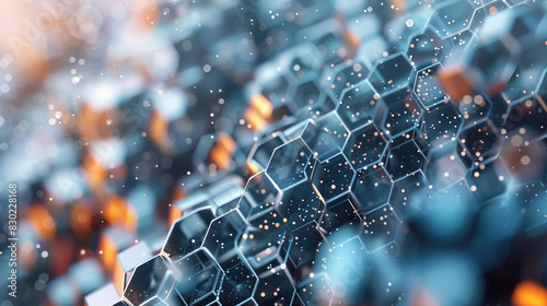 Generate an AI artwork featuring intricate hexagonal structures made of tiny dots, set against a futuristic technology-themed background.
