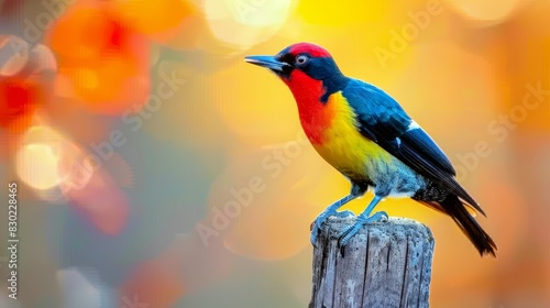  A vibrant bird atop a weathered post against a backdrop of colorful lights in a blurred image
