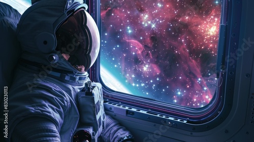 An astronaut gazing out at the stars from the window of a spacecraft, contemplating the vastness and beauty of the cosmos.