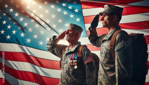 Two soldiers in front of US flag - Two military personnel stand before an American flag, symbolizing patriotism and service