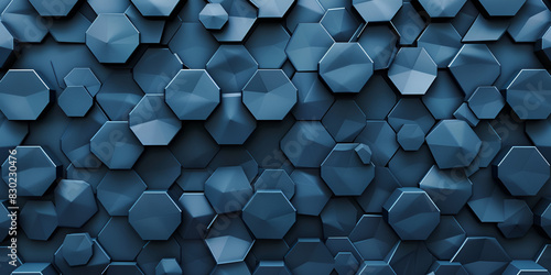 wall made of hexagonal tiles in a deep blue color tiles are slightly raised and have a metallic surface background is dark blue