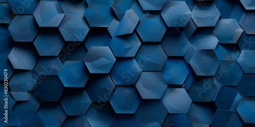 wall made of hexagonal tiles in a deep blue color tiles are slightly raised and have a metallic surface background is dark blue
