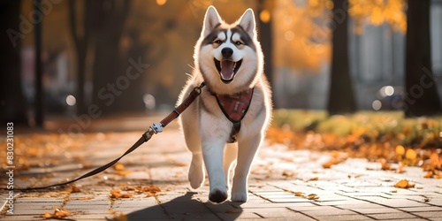 Enthusiastic Husky on leash ready for a walk in pet photography portrait. Concept Pet Photography, Husky Poses, Leash Training, Outdoor Portraits, Enthusiastic Pets