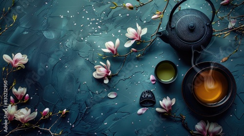 Top view of a classic porcelain mug filled with steaming green tea served alongside a black iron teapot delicate magnolia flowers and cherry blossoms on a dark blue textured backdrop