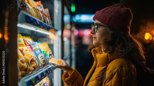 The image shows a young woman standing in front of a vending machine at night. She is looking at the snacks and drinks available.