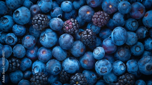  A heap of blueberries and raspberries, one atop the other, with a single berry crowning each stack