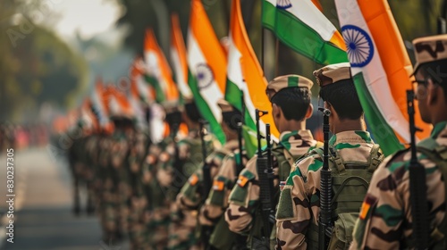 Back view of Indian soldiers marching with national flags