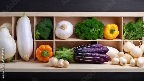 Various vegetables in white wooden trays on black table. realistic light and shade,