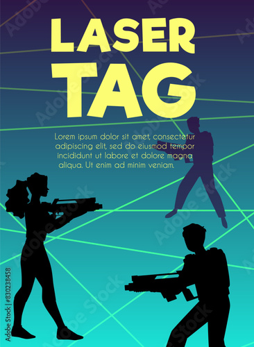 Laser tag players with laser gun playing in game club vector invitation advertising poster, military strategy game
