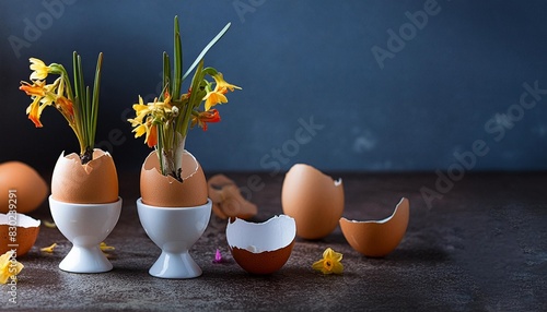 fresh spring flowers in eggshell vases celebration spring holiday easter spring equinox day ostara sabbat
