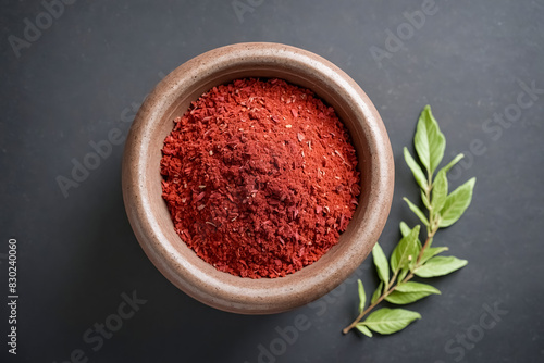 Red Powder in Clay Bowl with Green Leaves