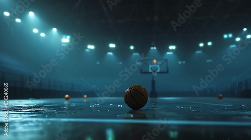 A basketball court with a basketball on the ground. The court is lit by spotlights. The image is dark and moody.