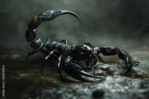 A black scorpion is on the ground