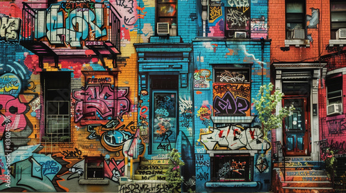 A colorful graffiti-covered building with a mix of bright and dark colors