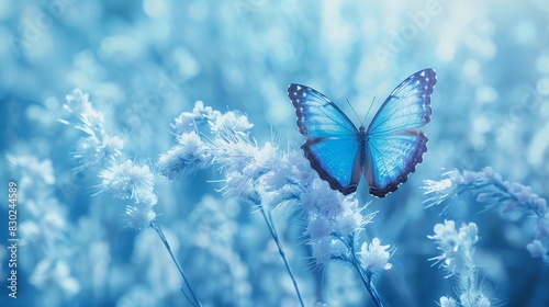  A blue butterfly atop a flower amidst a field, blue and white blooms prevailing in the foreground; background softly blurred with similar hues