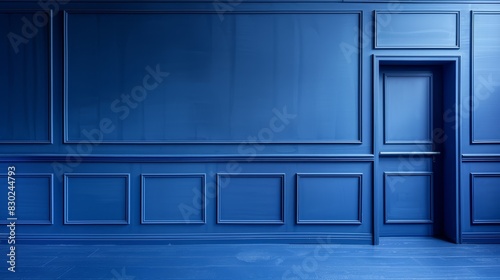  A centrally positioned blue door and blue wall define an empty room, its floor covered in blue tiles