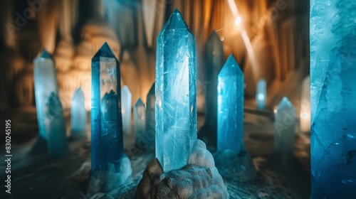  A collection of azure crystals sits atop a snow-laden mound, adjacent to a structure with illuminated sides