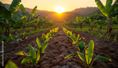A field of banana plants with the sun setting in the background. The sun is setting behind the plants, casting a warm glow over the entire scene