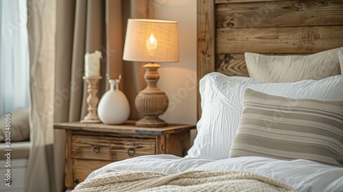 Close up of rustic bedside table lamp near bed with wood 