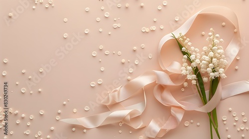 Lily of the valley flowers, ribbon, and beads on a pink background. Flat lay composition with copy space. Springtime and celebration concept. Design for greeting card, invitation, postcard, banner