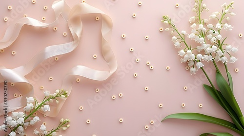 Lily of the valley flowers, ribbon, and beads on a pink background. Flat lay composition with copy space. Springtime and celebration concept. Design for greeting card, invitation, postcard, banner