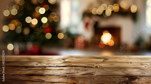 A wooden table surface with a blurred Christmas background featuring a fireplace and decorated tree, creating a warm holiday atmosphere. 