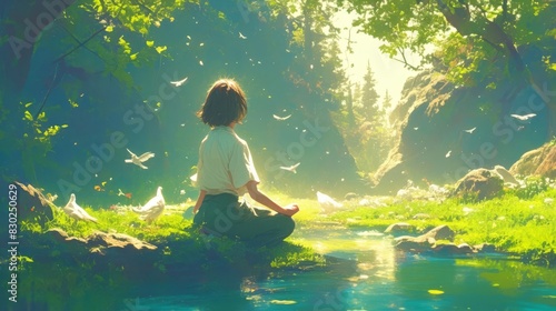 Peacefulness state of mind A person meditating by a gentle stream in a forest