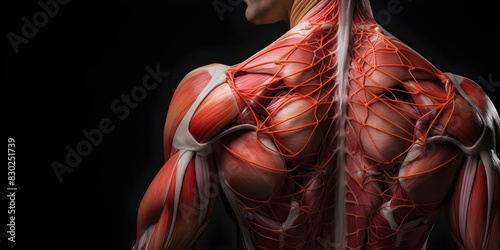 Detailed view of inflamed shoulder joint anatomy on dark background for medical concepts. Concept Anatomy of Inflamed Shoulder Joint, Medical Illustration, Detailed View, Dark Background