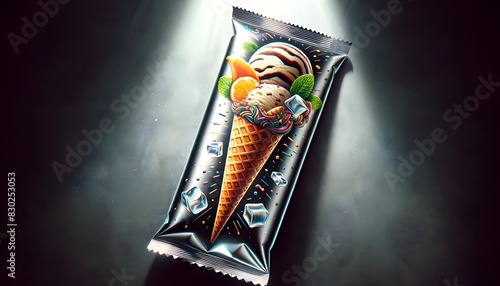A realistic mockup of an ice cream cone package, featuring a colorful design with ice cream, fruits, and ice cubes, highlighted under dramatic lighting.