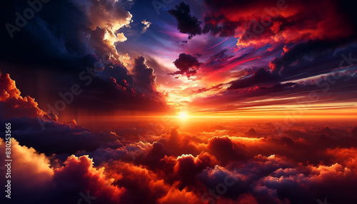 The sky is ablaze with dramatic hues of orange, red, and purple as the sun sets, casting a warm glow on the silhouetted landscape. Dark clouds add depth and intensity to the scene.