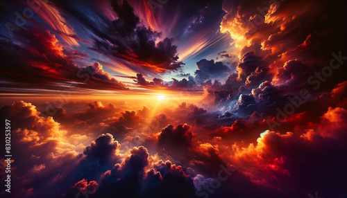The sky transforms into a canvas of oranges, reds, and purples during a dramatic sunset. Sunlight pierces through dark clouds, casting a warm glow over the tranquil landscape.