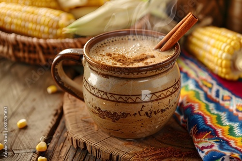 Steaming Hot Mexican Atole with Cinnamon Stick in Traditional Mug