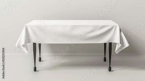 A realistic vector mockup of a table covered with a blank tablecloth, isolated against a white background, serving as a design template