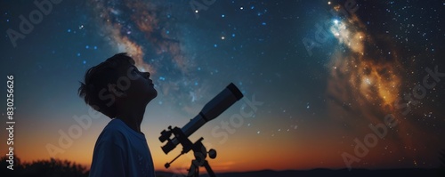 Boy looking through a telescope at the night sky with stars and galaxies. Astrophotography. Space exploration and curiosity concept.