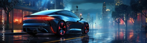 Futuristic electric car 3d illustration. Modern Electric Vehicle with neon lights. Electric Vehicle. Futuristic electric car. Electric cars of the future, 3d illustration. 