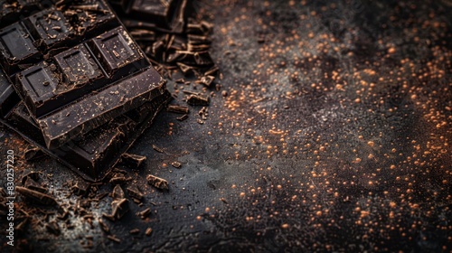  A pile of chocolate pieces on a black counter top Nearby, another pile of broken chocolate pieces, also on the black surface, sparkles with golden flakes