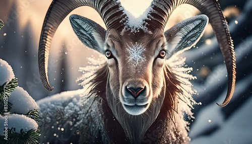 Portrait of an ibex in the snow