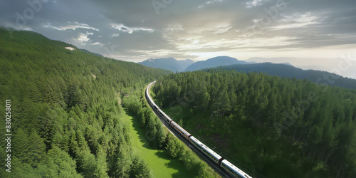 Train traveling through dense, lush green forest in rolling hills. Aerial view.