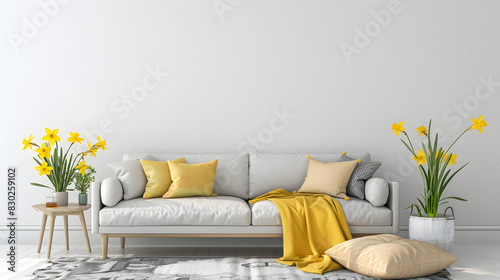 Modern interior of living room with sofa, armchair and daffodil flowers isolated on white background, photo, png 