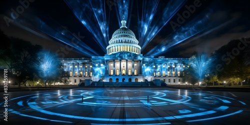 Captivating Nighttime Hologram of the Illuminated Capitol Dome in Washington DC: Landmarks Photography. Concept Landmarks Photography, Illuminated Capitol Dome, Washington DC, Nighttime Hologram