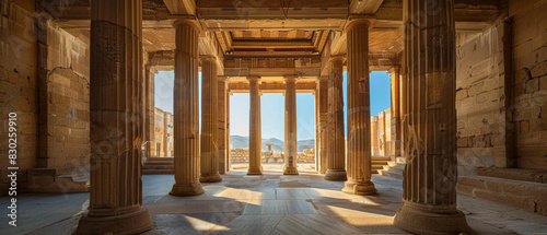 Inside of ancient greek temple, interiors illuminated by natural light with beautiful carved columns