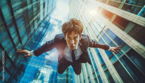 Man in suit falling with skyscrapers