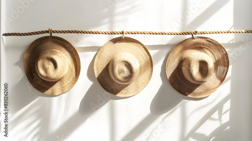 Three straw hats hanging on a rope over white cloth with sunlight shadows isolated on white background, cinematic, png 