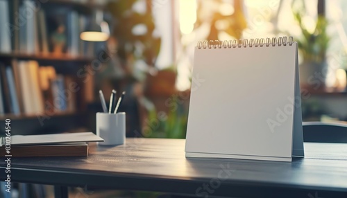 Open notepad on desk with sunlight and greenery