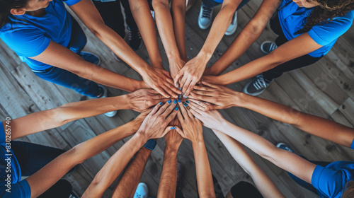 Overhead view of diverse team stacking hands in unity and teamwork