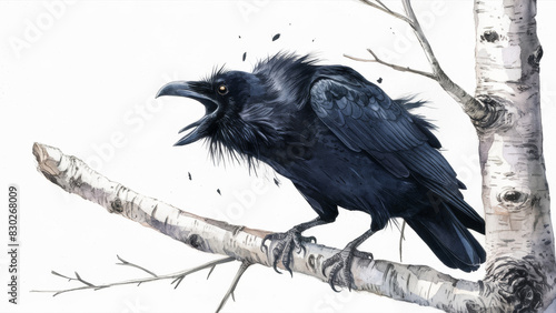 A raven sitting on a birch branch. A raven with a threatening but at the same time curious expression dramatically croaks.