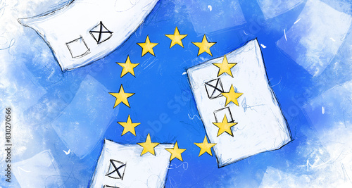 Głosowanie do europarlamentu. Karty do głosowania i flaga Unii Europejskiej 