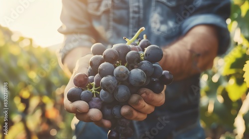 A farmer holds a bunch of ripe grapes in his hands. The grapes are purple and have a slight bloom on them.