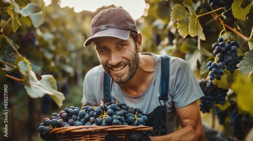 A young male farmer is harvesting grapes in a lush vineyard. He is smiling and holding a basket full of ripe grapes.